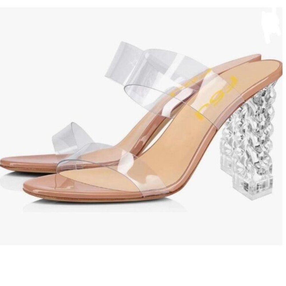 FSJ Nude Clear Double Strap Slip On Open Toe Sandals Transparent High Heel Mules